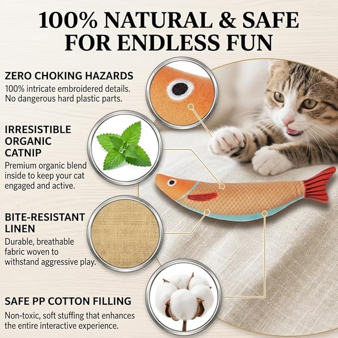 Tails & Tales Cat Toys Fish, Catnip & Crinkle Sound Plush, Bite-Resistant & Soft Interactive Toys for Indoor Cats & Kittens, Reduces Stress & Encourages Activity, Pack of 3