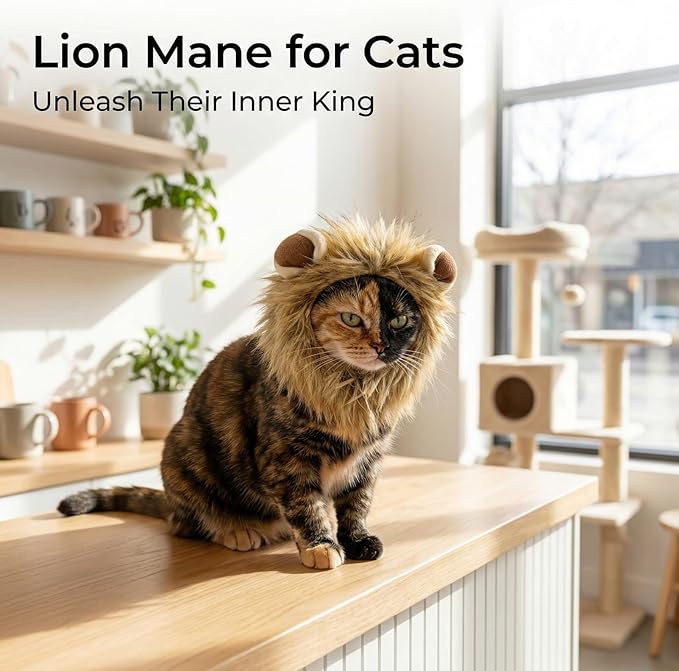 Lion Mane Wig for Cats, Adjustable Dog and Cat Costume for Halloween Christmas, Soft Pet Costumes and Cat Clothes (Size M)