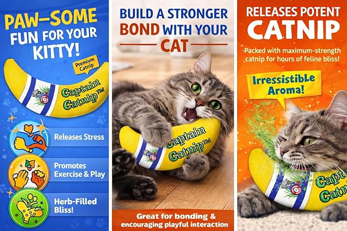 Captain Catnip Cat Banana Toy, Kitten Interactive Toy, Fun Playing Cat Toy, Filled with Organic Catnip for Indoor Cats (Pack of 2)