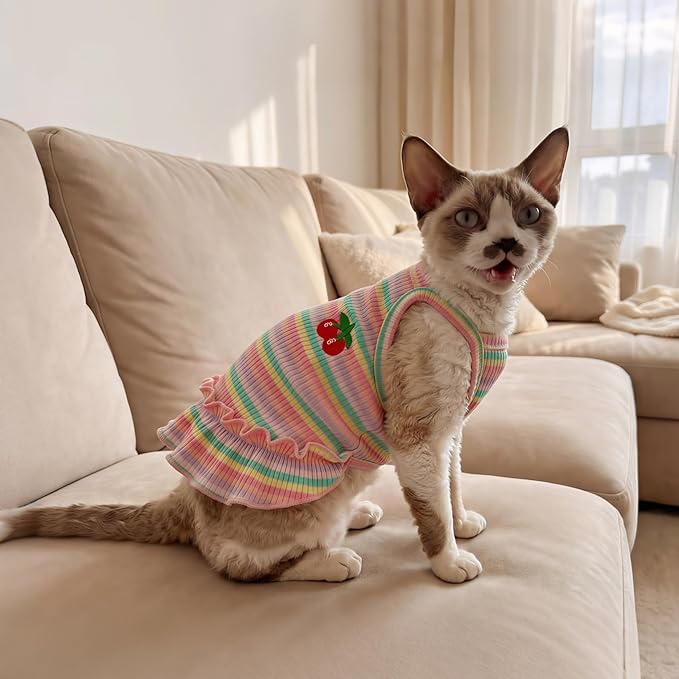 Jmkcoz Cute Striped Dog T Shirts Cherry Puppy Dress Soft Cotton Pet Sleeveless Vest Clothes Spring Summer Pet Outfits for Small Dogs Cats Girl (Pink, Small)