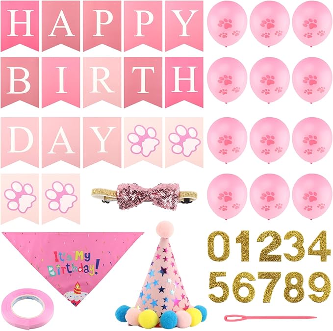 Cat Birthday Decorations Set - Cute Birthday Outfit with Hat, Bandana, Bow Tie, Balloons & Number Stickers for Kittens/Cats Party Photo Props & Festive Supplies