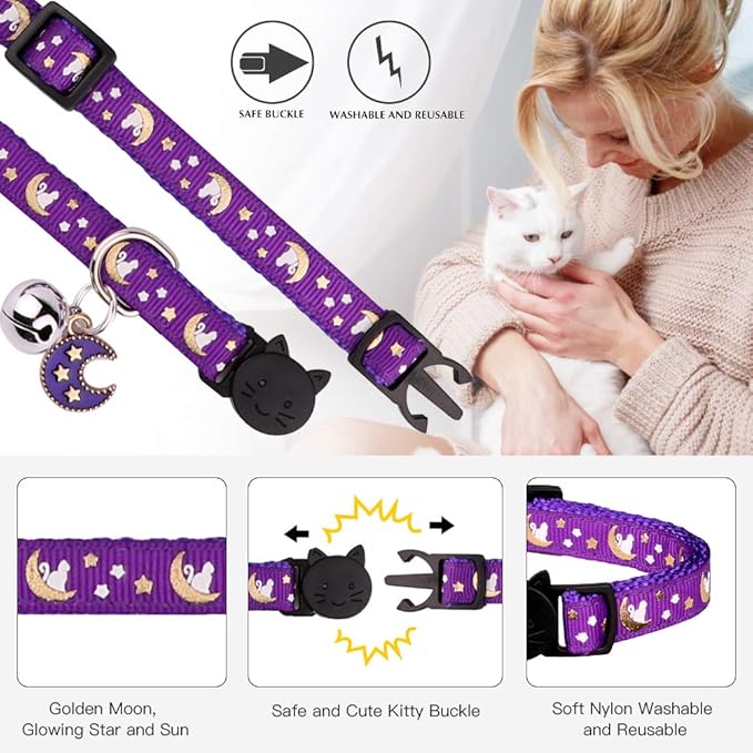 Baeuppit 2Pcs Breakaway Cats Collars Cat Collars for Boy & Girl Cats Adjustable Kitten Collars with Bell,Pink+Purple,8"-13.1"