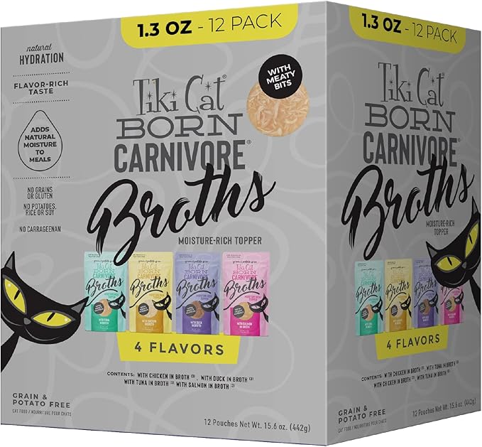 Tiki Cat Born Carnivore Broths Wet Cat Food Toppers, Variety Pack, 1.3 oz. Pouch (12 Count)