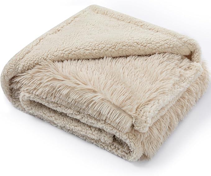 Faux Fur Waterproof Calming Dog Blanket Fluffy Sherpa Pets Blanket for Couch Covers Double-Sided Reversible Cats Bed Cover for Pet(Cream,S-40x28in)