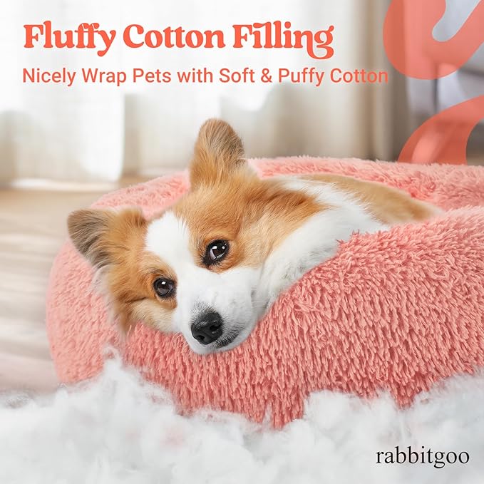 rabbitgoo Calming Dog Bed for Small Medium, 30 inches Pet Bed Machine Washable, Non-Slip Round Fluffy Plush Faux Fur Large Cat Cushion, Soft Donut Cuddler Cushion for Small Dogs, Pink