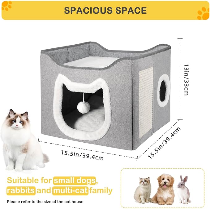 Selecta Grey Indoor Cat House - Foldable, Covered Cat Bed Cave with Fluffy Ball and Scratch Pad