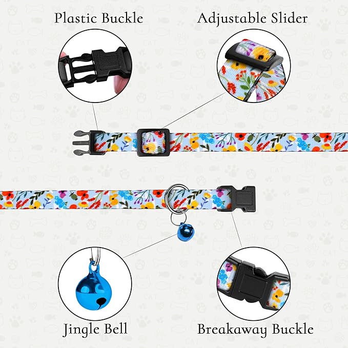 2 Pack Cat Collars with Bell - Breakaway Soft Collar for Girl & Boy Cats, Adjustable Safety Cute Kitten Collars – Comfortable Stylish Patterned Print Design Lightweight (Floral + Striped)