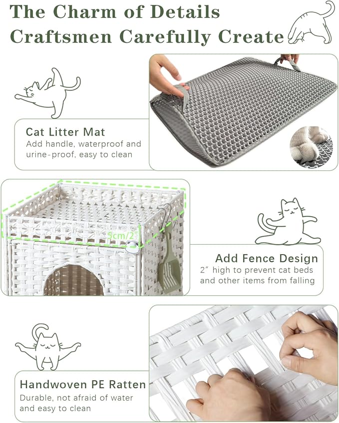 SETVSON Cat Litter Box Enclosure Furniture, Hidden Litter Box with Mat and Fence, Handwoven Rattan Cat House with Two S-Shaped Hooks for Living Room, Bedroom, 18.5 x 20.5 x 19.1 Inches (White