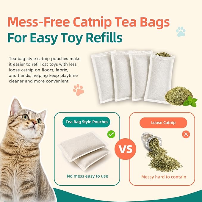 (10-Pack) Refillable Catnip Kicker Toy Kits, Natural Catnip Tea Bags for Cats, 9g Catnip Pouches, Non-Woven Mess-Free Cat Toy Refills, Additive-Free, Vacuum Sealed, Total 90g