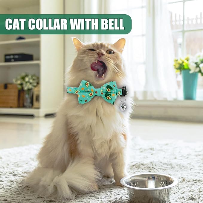 2pcs Summer Cat Collars, Cute Fruit Theme Cat Collar with Bowtie & Bell Adjustable Soft Cat Bow Tie Collar with Dragon Fruit Avocado Pattern for Girls Boys Kitten (Blue, Green)