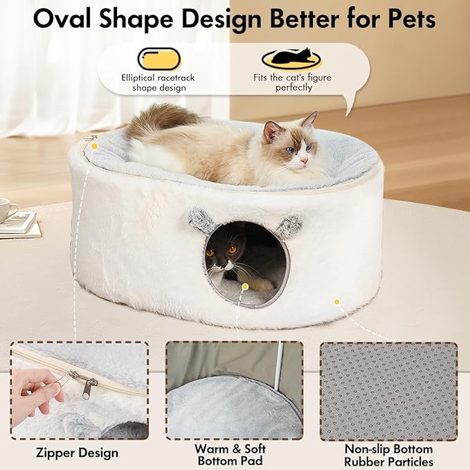 Zoratoo Cat Bed for Indoor Cats, Fluffy Large Enclosed Cat House Cave Pet Bed Hammock with Removable Washable Cover for Sleeping Cats, Kittens, Small Dog, Oval Hideaway
