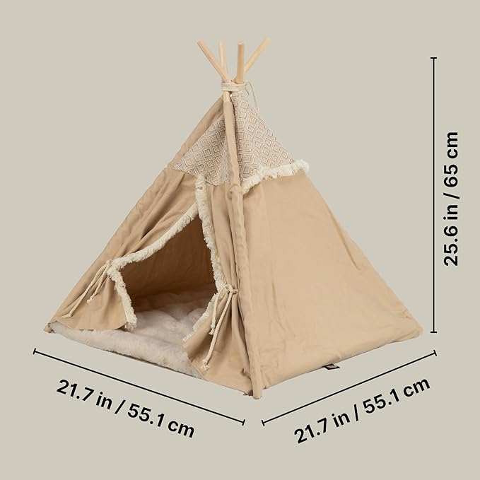 TRIXIE Boho Tipi for Dogs and Cats, Stylish Bed for Cats and Dogs with Reversible Cushion and Tie-Backs, A Perfect Retreat for Kitties and Pups, Beige
