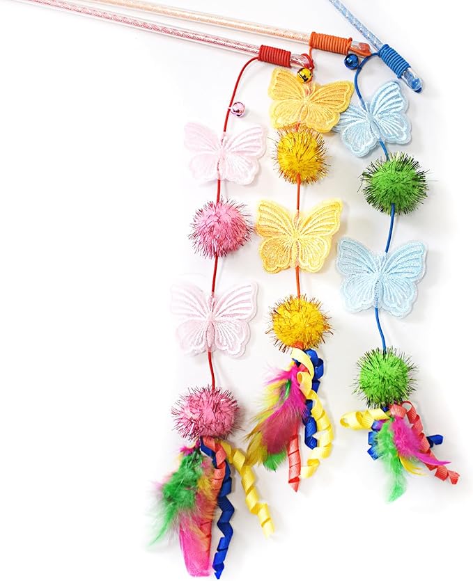 Cat Wand Toys, 3 PCS Vibrant Cat Teaser Wands with Butterfly, Pompom - Elastic Cord Feather Wands Cute Interactive Kitten Toy