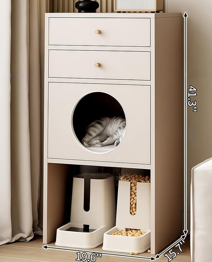 Multi-Function Cat House Furniture, Solid Wood Cat Condo with Storage Drawer, Pet Bed & Feeding Area, Compact Cat Cabinet (Khaki,19.6" L*15.7" W*41.3" H)