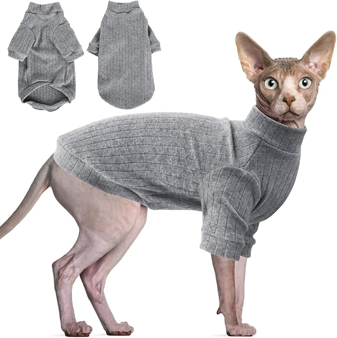 Idepet Sphynx Hairless Cats Sweater Shirt Kitten Soft Puppy Clothes Pullover Cute Cat Pajamas Jumpsuit Cotton Apparel Pet Winter Turtleneck for Cats and Teacup Chihuahua Small Dogs(Gray,XXL)