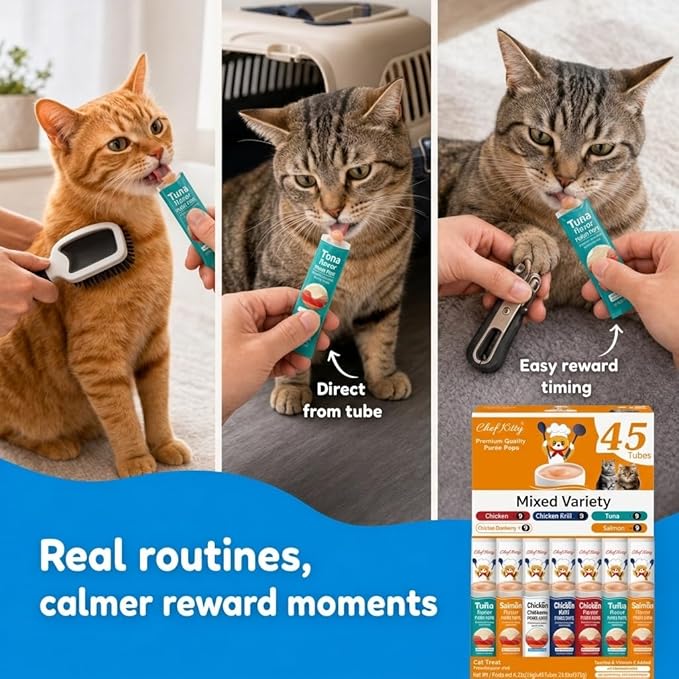 Cat Treats Lickable | Grain-Free Cat Food Toppers, High Protein | Creamy Puree Squeeze Ups with Vitamin E & Taurine, Digestible Formula | 0.5 oz. Each Tube, Chicken & Seafood Mix Variety | 45 Tubes