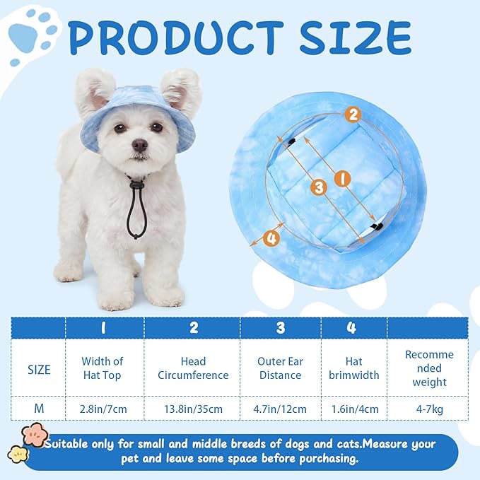 3 Pcs Pet Hats with Ear Hole Sunscreen Round Brim Bucket Hat Suitable for Small and Medium-Sized Cat Puppy Dog Active Summer Sun Protection Pet Sun Care Cooling Caps (Blue, Medium)