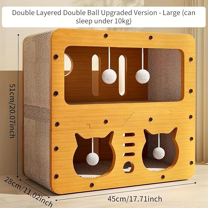Wooden Cat House for Indoor Cats – Durable Cardboard & Wood Cat Bed Box, Cozy Hideaway Pet Nest for Sleeping & Lounging