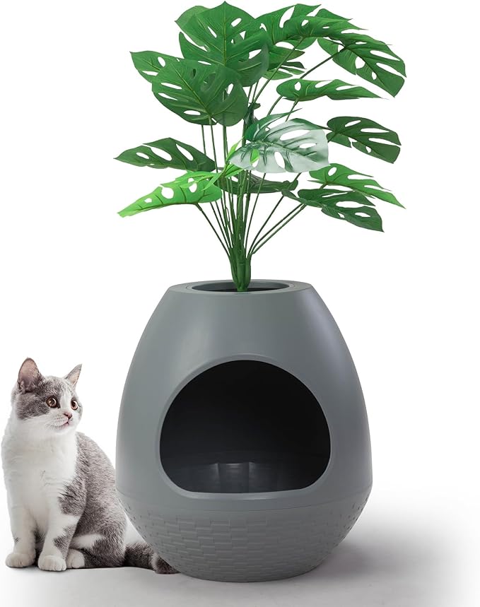 Eggloa6 Hidden Cat Litter Box with Artificial Plants - Egg-Shaped Enclosure Includes Scoop, Discreet Furniture for Home Decor, DIY Assembly Cat Litter Box Cabinet for Living Room(Grey)