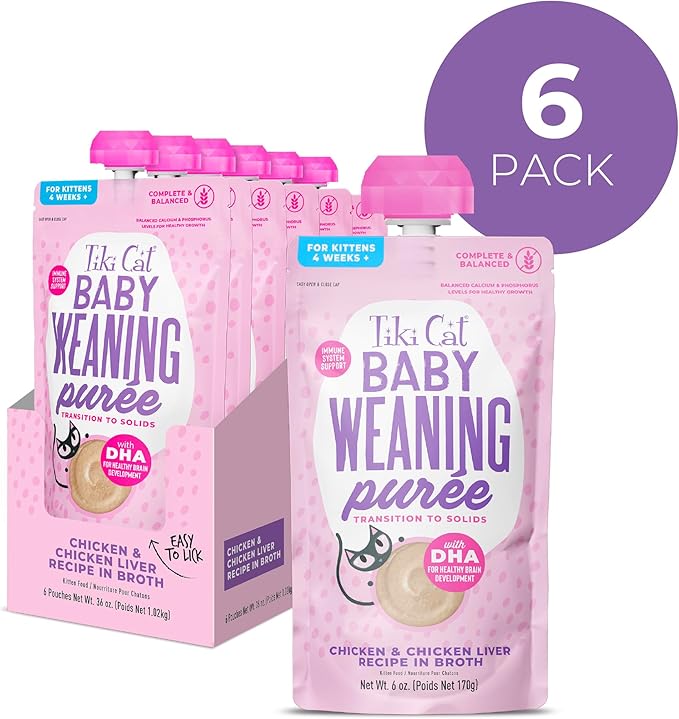 Tiki Cat Baby Weaning Puree Wet Cat Food, Chicken, 6 oz. Spout Pouch (6 Count)