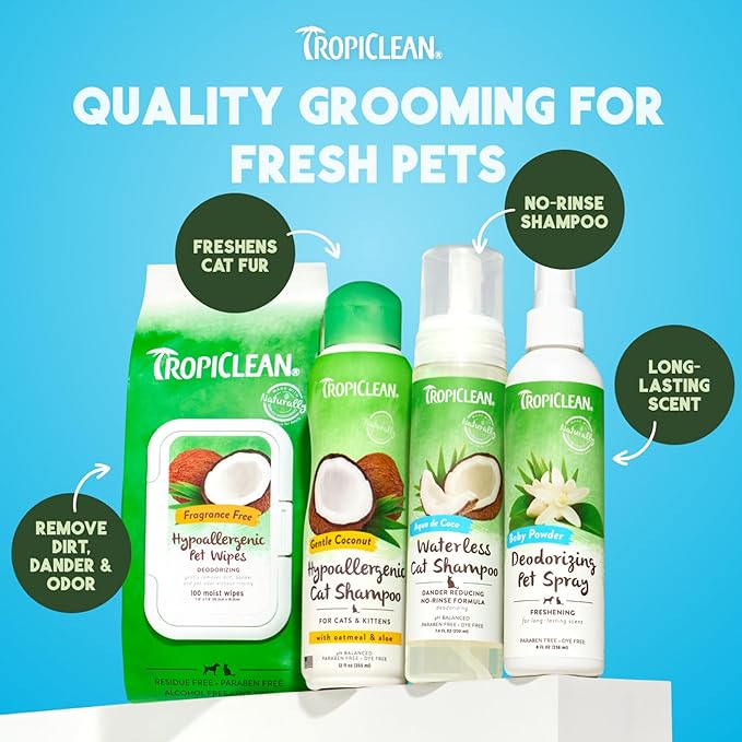 TropiClean No Rinse Waterless Cat Shampoo | Dandruff Treatment | Moisturizing Dry Shampoo for Dry Skin | USA Made | Aqua de Coco Scent | 7.4oz.
