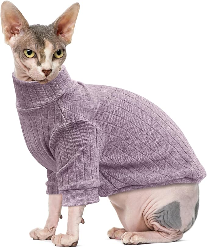 Idepet Sphynx Hairless Cats Sweater Shirt Kitten Soft Puppy Clothes Pullover Cute Cat Pajamas Jumpsuit Cotton Apparel Pet Winter Turtleneck for Cats and Teacup Chihuahua Small Dogs(Purple,M)