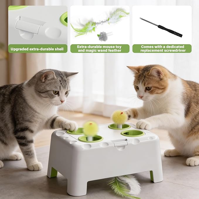 Magic House Interactive Cat Toy with 3 Modes, Rechargeable Whack-a-Mole Feather Toy for Indoor Cats, 4 Holes & 4 Accessories