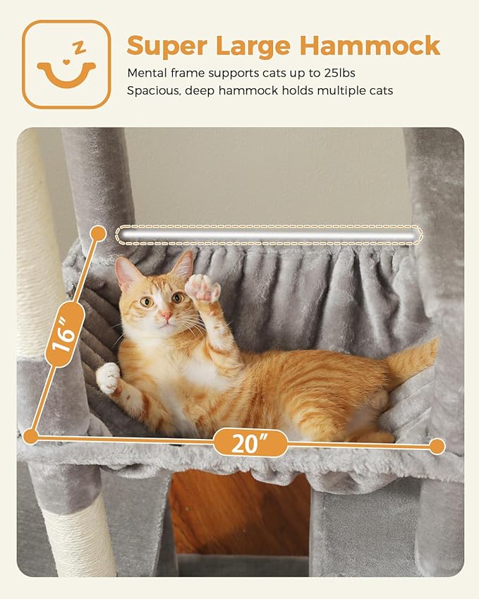 MUTTROS 71" Tall Cat Tree for Large Cat 20 lbs with Super Large Hammock, Heavy Duty Cat Tower with 4 Sisal Scratching Posts & 2 Spacious Condos for Big Adult Cats Maine Coon-Grey