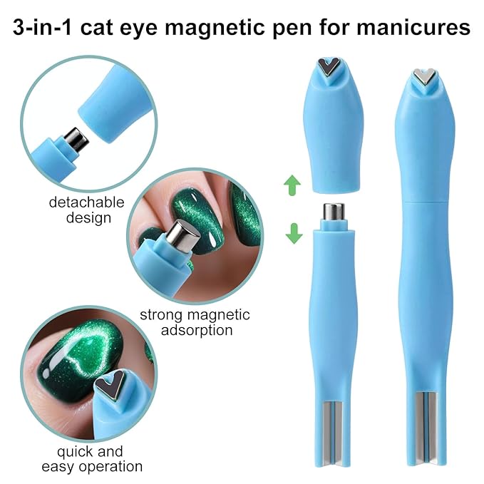 3 in 1 Cat Eye Nail Magnet, Multifunctional Magnet Nails Art Design Tools, Cat Eye Gel Polish Magnetic Pen Line & Heart Shaped Round Accessories for Home DIY Salon Studio (Blue)