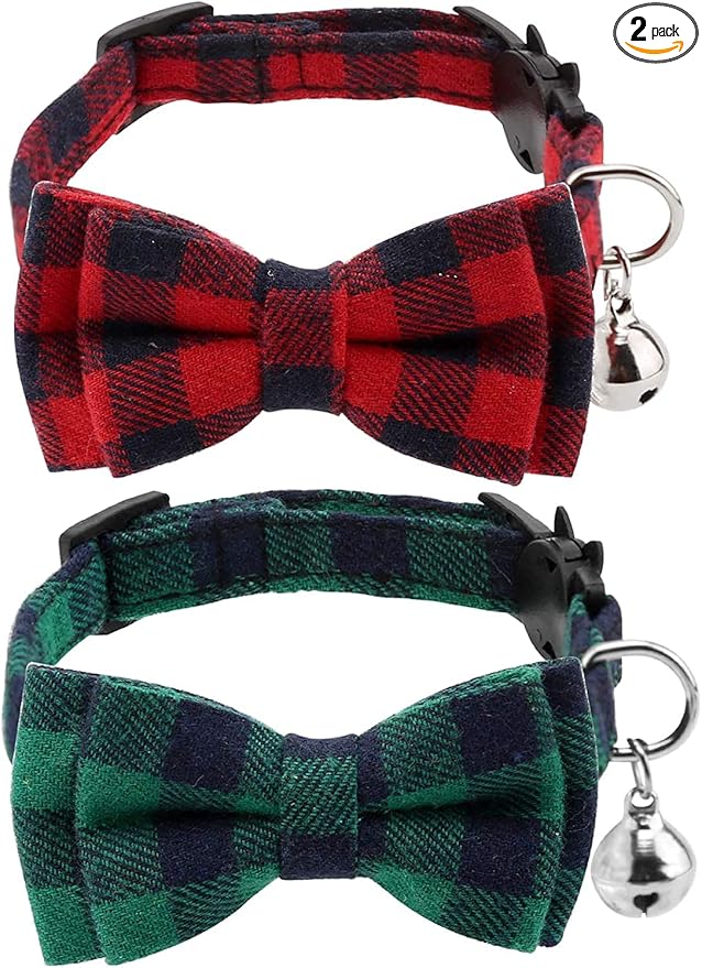 Luter 2Pcs Christmas Plaid Cat Collars Breakaway with Bow Tie and Bells, Adjustable Collars for Cats, Kitten, Puppy Supplies (Red, Green)