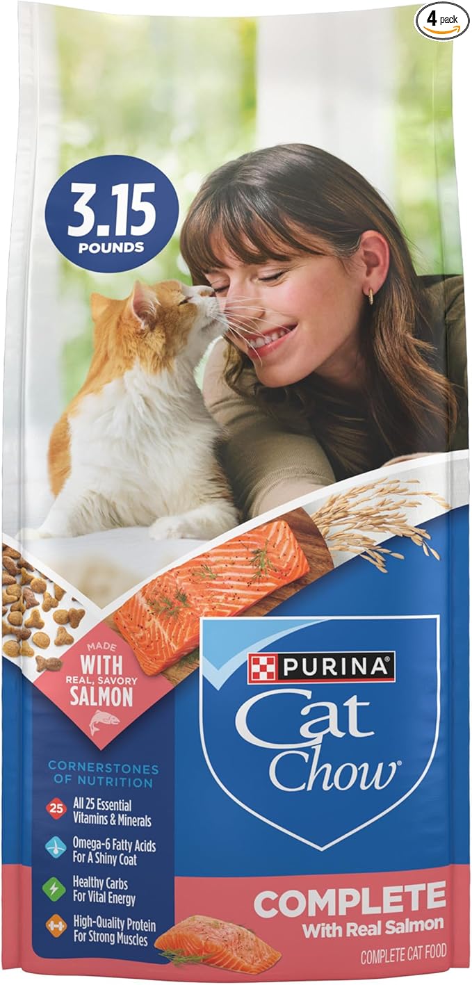 Purina Cat Chow Complete High Protein Dry Cat Food With Real Salmon - (Pack of 4) 3.15 lb. Bags