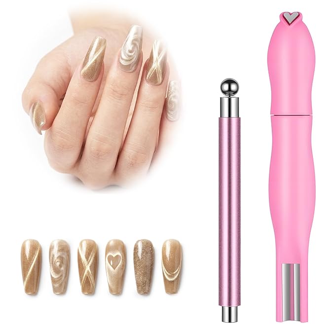 2Pcs 3 in 1 Cat Eye Nail Magnet, Double-Ended Multifunctional Nail Magnet Stick with Round Magnetic Bead Heart Shaped NailMagnet Cat Eye Magnets Art Design for DIY, Studio or Salon