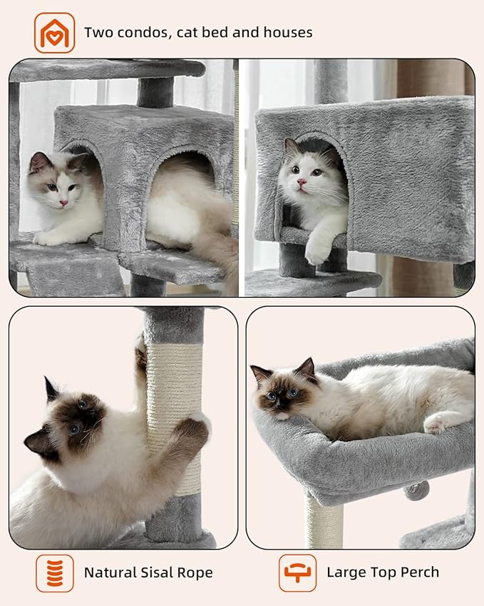 MUTTROS Cat Tree for Large Cats with Super Large Top Perch, 56.3" Cat Tower with Plush Hammock, Dangling Pompom, Cat Scratching Posts and 2 Condos House, Light Grey