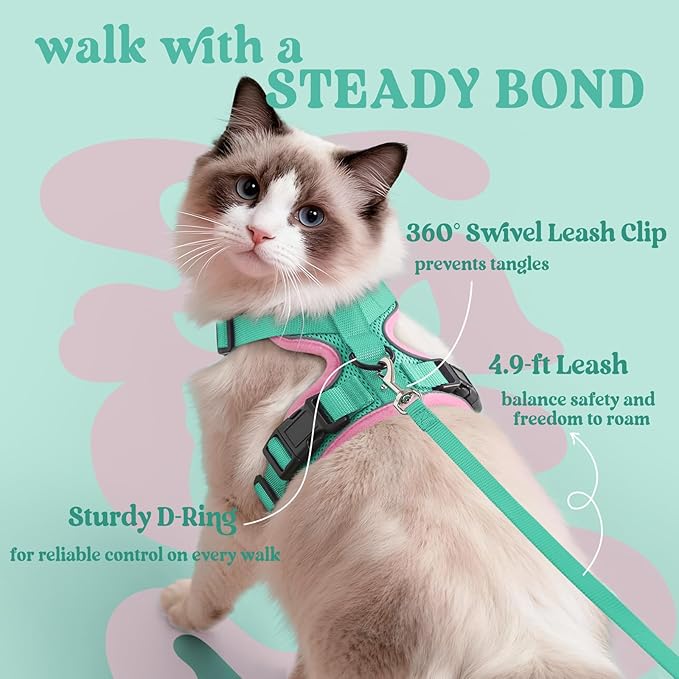 rabbitgoo Cat Harness and Leash for Walking, Escape Proof Soft Adjustable Vest Harnesses for Cats, Easy Control Breathable Reflective Strips Jacket, Green&Pink, XS