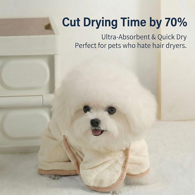 Dog Bathrobe Super Absorbent Towel for Small Dogs Cats Fast Drying Dog Robe Coat with Hood Puppy Cat Bath Towel Wrap Pet Grooming Supplies After Shower (White,S)