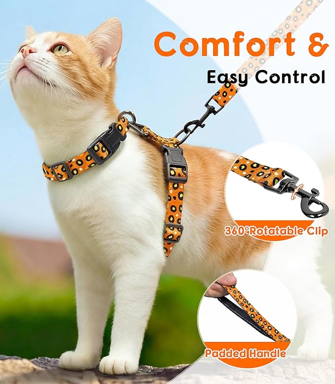 Halypet Cat Harness and Leash Set, Escape Proof 3-in-1 Adjustable Harness for Cats & Kitten, Soft Lightweight, Easy On & Control for Walking, Travel & Outdoor Use, Vibrant Leopard Orange, Medium