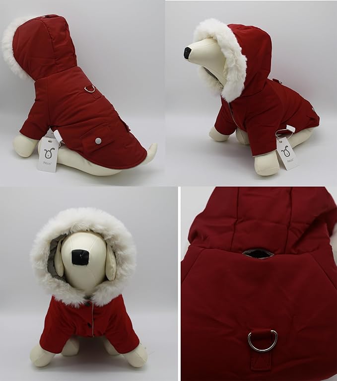 Pet Warm Dog Coat for Winter Dog Clothes Hooded Dog Jacket for Small Puppies Medium Large Dog Cat Clothes Insulated Padded Snow Jacket for Cold Weather Faux Fur (X-Small, Dark Red)