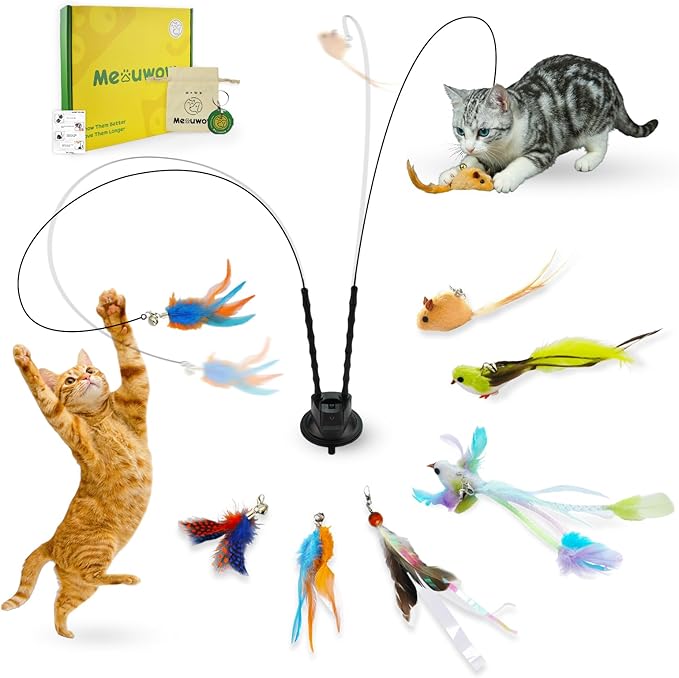 Upgraded Dual-Hole Suction Cup Cat Wand Toy - Single Base Holds 2 Steel Wire Wands - 9-Piece Interactive Teaser Set for Self-Play & Handheld, Perfect for Multi-Cat & High-Energy Kittens