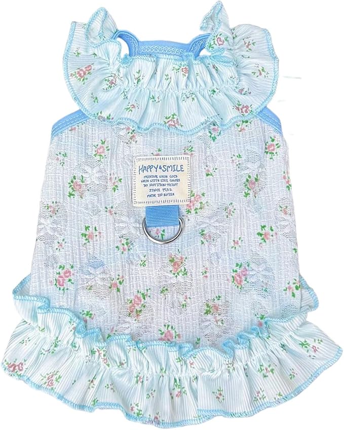 Dog Cat Cooling Summer Dress with D-Ring, Ice Silk Mesh Breathable Pet Clothes, Anti-UV Mosquito Proof, High Elastic Ruffle Dress & Half Belly Cover for Small Dogs Cats(Sky Blue, Large)