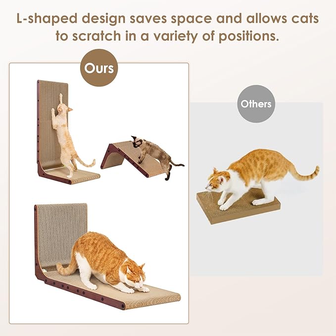 EHEYCIGA Cardboard Cat Scratcher for Indoor Kitten Cats, 19 Inch L Shaped Vertical Cat Scratching Board with Ball Cat Toy, Small Cat Scratcher Pad, Dark Brown
