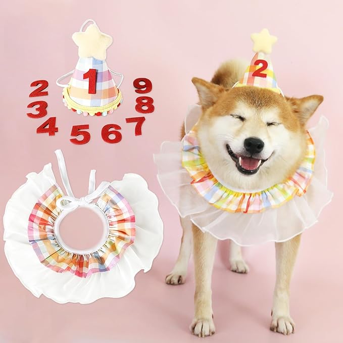 Cat Birthday Decorations- Pet Cat Dog Birthday Hat with Number Kitten Puppy Princess Costume Outfit Cute Lace Bandana Scarf Party Apparel for Small Medium Cats & Dogs