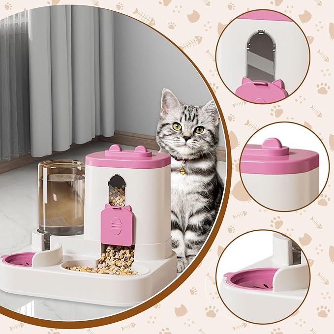 Automatic Pet Feeder and Waterer, 2 in 1, Non-Slip, Large Capacity, for Cats and Small Dogs, Indoor Use, Pink