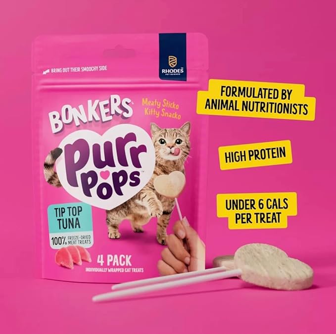 Bonkers Purrpops Tip Top Tuna Flavor Lollipop Freeze-Dried Cat Treats 4-Count, 2 Packs with Cat Spring Toy