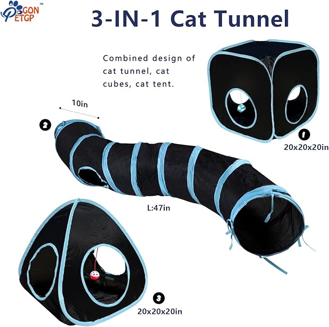 GONPETGP Cat Tunnels for Indoor Cats with Cube Tent Toys Combo, Pop Up Collapsible Crinkle Interactive Peek Hole, Cat Tube with Play Ball and Bell for Kitten, Puppy, Kitty, Rabbit - Set of 3