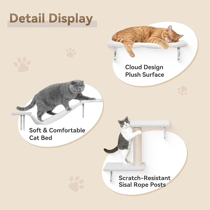 Meecal 6-in-1 Cat Wall Shelves, Wall-Mounted Cat Furniture for Indoor Kittens, Modern Floating Shelves with Scratching Posts, Bed, Perch, Bridge, Condo, Steps and Scratcher, Space-Saving Gym, White