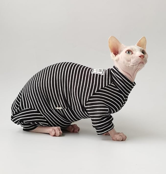 Hairless Cat Clothes, Cat Jumpsuit with Stripes 4 Legged Pajamas, Sphinx Clothing, Cat Apparel for Cats, Pet Onesies, Striped Cat Clothing with Hat and Tail Cover Set (Large, Only Jumpsuit)