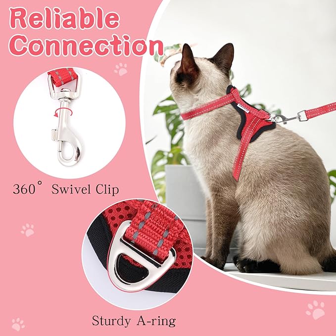 Cat Harness and Leash Set for Walking,Adjustable Escape Proof Kitten Harness and Leash with Reflective Strips,Easy to Wear Soft Breathable Harness for Cats Puppy Bunny Dogs Red