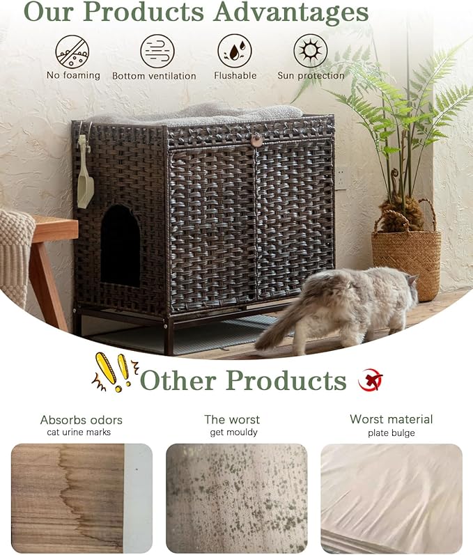 SETVSON Cat Litter Box Enclosure Furniture, Hidden Handwoven Rattan Litter Box with Mat, Large Cat House with Metal Heightened Feet, 30.3 x 18.3 x 28 Inches, Indoor for Living Room, Bedroom Brown