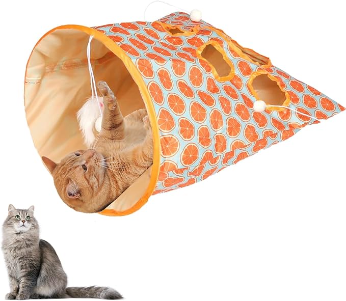 Cat Tunnel Bag for Indoor Cats, Foldable Pet Tunnel Crinkle Sack Bag with a Little Mouse & 3 Toy Ball, Portable Crinkle Paper Interactive Hide and Seek Cat Toys (Orange)