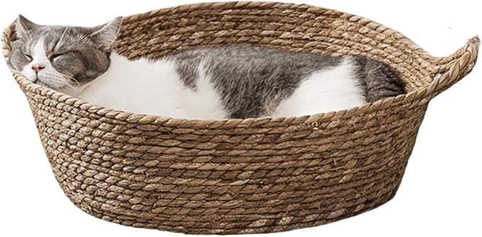 Cat Bed, Straw Woven Cat Baskets Bed, Round Wicker Cat Basket Nest, Non-Slip Cozy Kitten Bed for Cats Small Dog (Only Nest,Large)